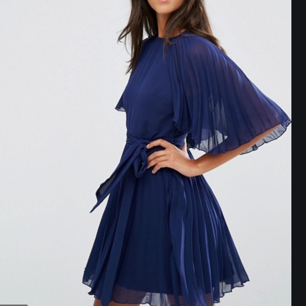 ASOS Pleated Flutter Sleeve Navy Dress